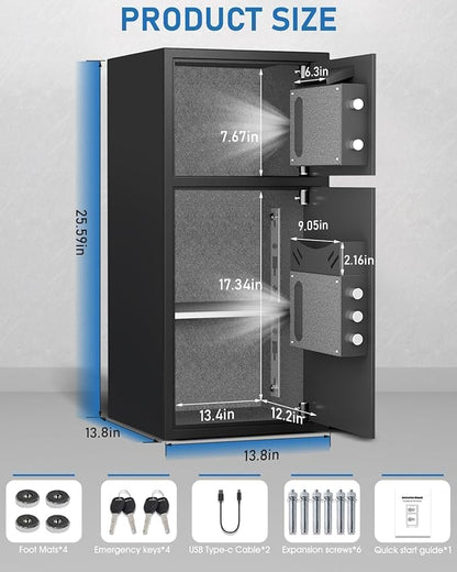 6.0 Cu Ft Safe Box Fireproof Waterproof,with LED Light fire proof safe for home documents,Fingerprint password personal Safe with Deposit Slot & Dual Alarm System，Security Box fo Valuables