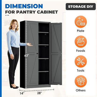 INTERGRAET 63" H Pantry Cabinet, Metal Kitchen Pantry Cabinets with 2 Doors and 4 Shelves, Farmhouse Food Storage Cabinets, Large Pantry Cabinets for Home,Kitchen,Living Room/Dining
