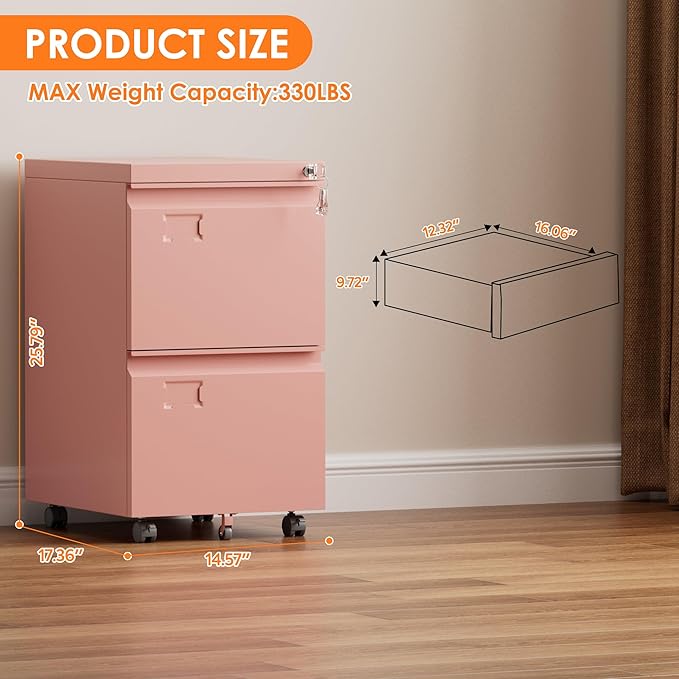 METAN Metal 2 Drawer File Cabinet with Lock, Mobile File Cabinet Under Desk for Letter/Legal Size,Assembly Required,Pink