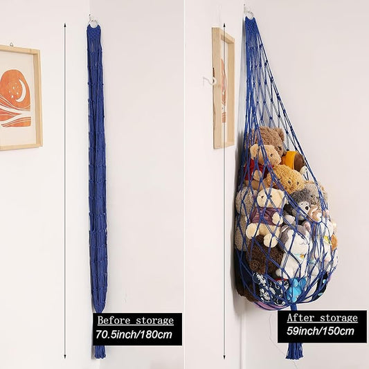 Novel Stuffed Animal Hammock Corner Hanging Net for Stuff Aniaml Storage Macrame Toy Display Plush Toy Holder-Perfect for The Tiny Space Walls (blue, XXL)