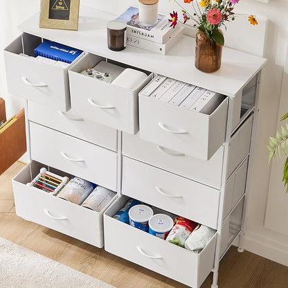 Sweetcrispy 9 Drawer Fabric Dresser Tall Chest Storage Organizer Tower with Cabinet Metal Frame and Wood Top Lightweight Closet Furniture for Bedroom,Cream White