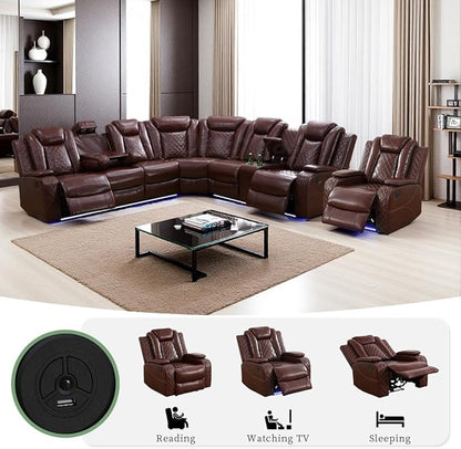 Power Sectional Reclining Sofa Set, Brown Breathing Leather Power Recliner Sofa Set with LED Light, Living Room Furniture with 3 Recliner Seats/Cup Holder/Storage Console for Living Room