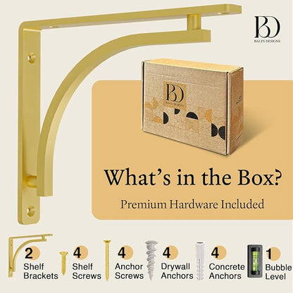Classic Brass Heavy Duty Shelf Brackets 12 inch by Balin Designs – Gold L Bracket, Wall Mounted Support, Shelving Metal Bracket, Decorative Shelf Brackets, with Hardware Included, Set of 2