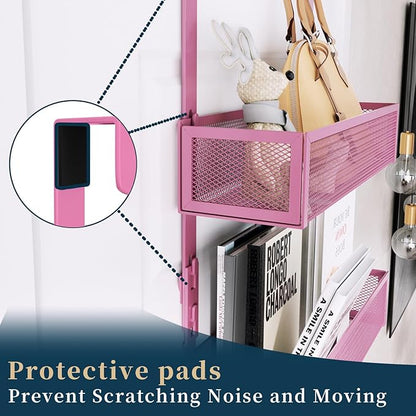 Consumest Over The Door Hooks Organizer - Extra Long Door Hanger with 9 Coat Hooks & 2 Mesh Basket, Back Storage Organizer Hanging Towels for Bathroom, Bedroom - Pink (for 1.76 in Doors)