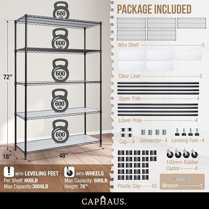 CAPHAUS NSF Commercial Grade Heavy Duty Wire Shelving w/Wheels, Leveling Feet & Liners, Storage Metal Shelf, Garage Shelving Storage, Utility Wire Rack Storage Shelves, 48 x 18 x 76 5-Tier w/Liner
