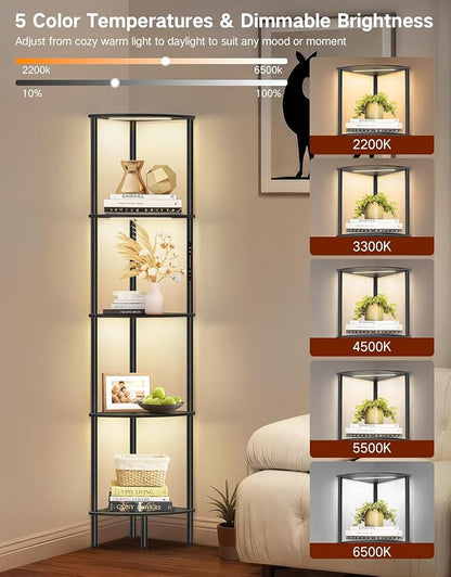 5 Tier Corner Shelf with RGB Lights, Touch & APP & Remote Control, Dimmable Narrow Corner Bookshelf with Music Sync, Display Shelf with Multiple Color Lights for Living Room, Bedroom(Black)
