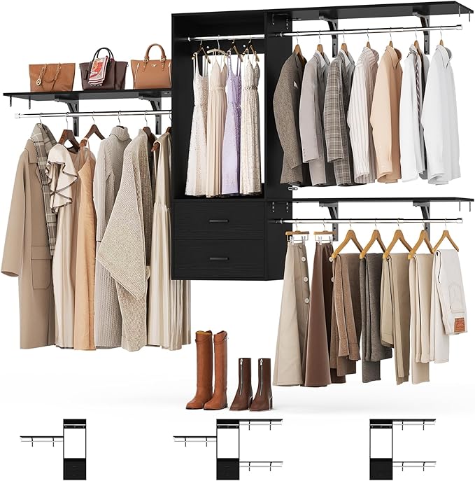 Closet System, 4-8ft Wood Closet Organizer System with 2 Wooden Drawers, Walk-in Wardrobe Clothes Rack with 4 Hanging Rods, Adjustable Heavy Duty Garment Rack,Black