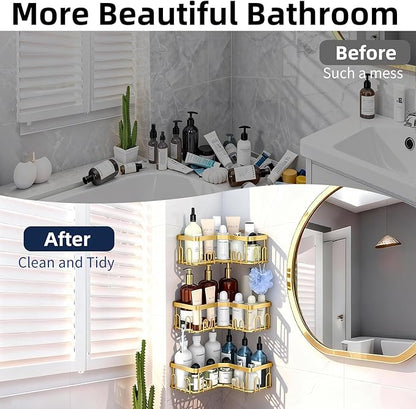 Menbyci 3 Pack Corner Shower Caddy, Adhesive Bathroom Shelves with 18 Hooks, Drill-Free & Quick-Dry Shower Organizer with Large Capacity, Rustproof Stainless Steel Bathroom Corner Storage Rack, Gold