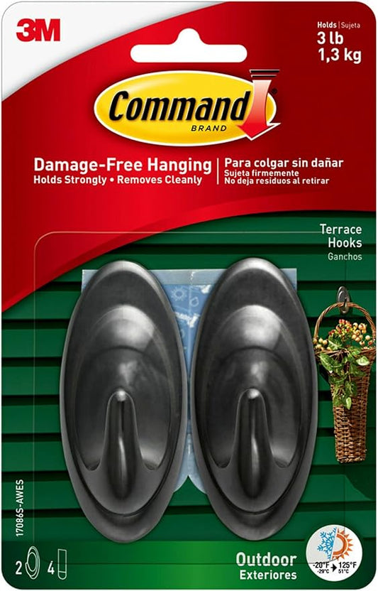 Command Outdoor Terrace Hooks, 2 Hooks and 4 Strips, Damage-Free Hanging Wall Hook for Hanging Outdoor Wall Decor with Weather Resistant Strips, Holds up to 3 lb