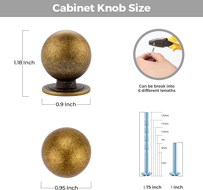 24 Pack Antique Brass Cabinet Knobs, Round Dresser Knobs, Ball Kitchen Cabinet Hardware, 0.95" Diameter