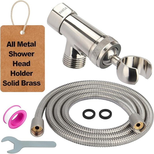 Shower Head Holder All Metal and Extra Long Stainless Steel 6 ft. Hose,Adjustable Shower Arm Bracket for Handheld ,Brass Hand held Showerhead Mount C-Style Brushed Nickel