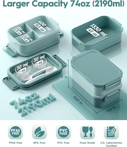Adults Bento Box with Insulated Lunch Bag, 74oz Capacity 3 Stackable Leak-Proof Bento Box Built-In Utensil and Sauce, PFAS & BPA-Free, Microwave & Dishwasher Safe (Mint Green)