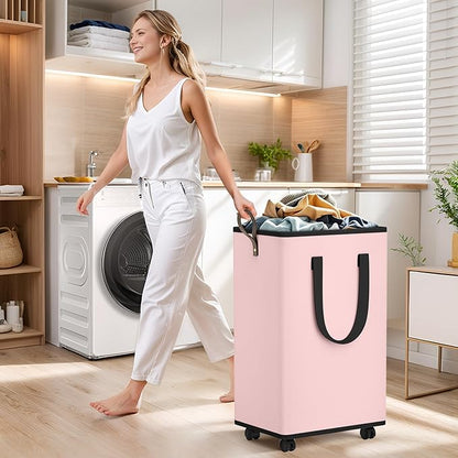 Laundry Basket with Wheels, Collapsible Laundry Baskets, Laundry Hamper with Handles Detachable Wheels, Rolling Laundry Basket, Dirty Clothes Hamper for Bathroom, Dorm, Bedroom, Pink, 100L