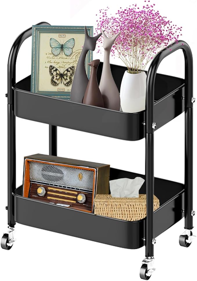 Melody House 2 Tier All-Metal Rolling Storage Cart with Handle and Locking Wheels - Kitchen, Laundry, Office, Bathroom Organizer, Black
