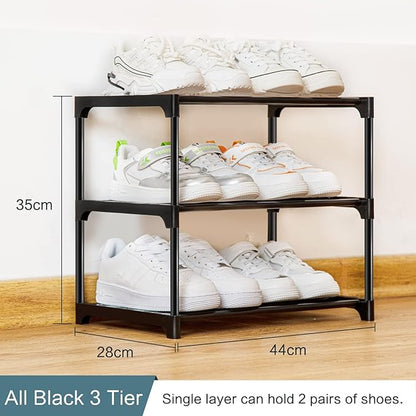 Stackable Small Shoe Rack for Closet 3 Tier, Sturdy Shoe Rack Organizer for Front Door Entrance and Entryway, Free Standing Metal Shoe Shelf Storage for Closet Bedroom Garage Black