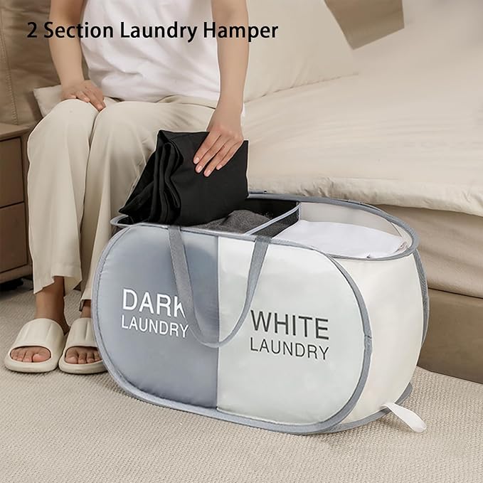 Pop Up Laundry Hamper 2 Section, Collapsible Laundry Basket with Carry Handles for Home, Laundry Room, Bedroom, Dorm, RV Travel (Grey & Beige - 2 Compartments)