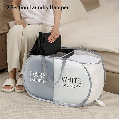 Pop Up Laundry Hamper 2 Section, Collapsible Laundry Basket with Carry Handles for Home, Laundry Room, Bedroom, Dorm, RV Travel (Grey & Beige - 2 Compartments)