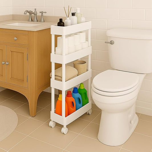 ShellKingdom 4 Tier Bathroom Storage Organizer, Slim Rolling Storage Cart for Narrow Space, Mobile Shelving Unit with Lockable Wheels and Hooks for Bathroom, Kitchen, Laundry Movable Shelf (White)