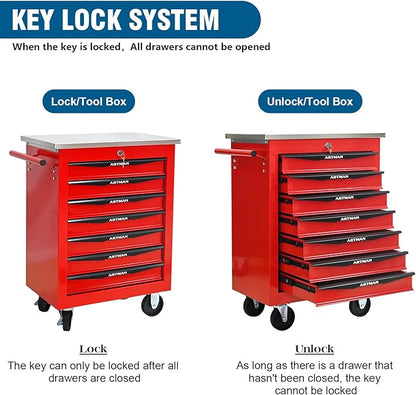 7-Drawer Rolling Tool Chest with Stainless Steel Countertop,Tool Chest with Secure Locking System,Mobile Storage Tool Cabinet with 360°Wheels and Padded Feet,for Home,Garage (Red)
