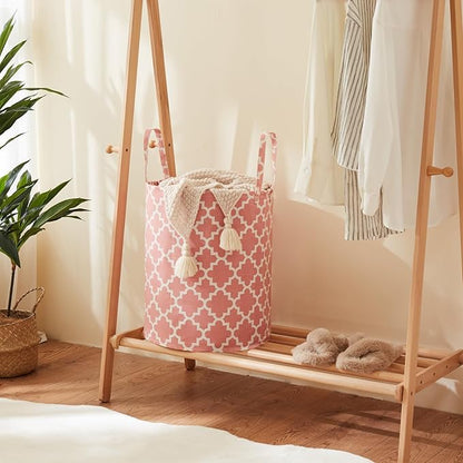TECHMILLY 63L Large Laundry Basket with Long Handles, Collapsible Kids Laundry Hamper, Toy Storage Basket for Nursery, Bedroom Decor for Baby Girls and Boys (Pink Lattice)