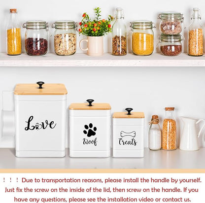Metal Dog Treat Containers Set of 3 with Bamboo Lids and Spoon Airtight 7+3+2 lbs Dog Food Snack Jars with DIY Labels Big Pet Cookie Storage Jar for Kitchen Counter(White,Modern)