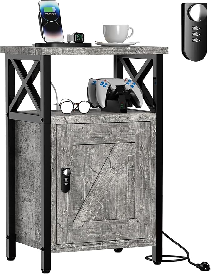 Wooden Nightstand with Lock, Bed Side Table with Drawers, Bedside Table with Charging Station, 3 USB & 2 Outlets, Night Stand with Cabinet Storage, End Tables for Bedroom, Ash Grey