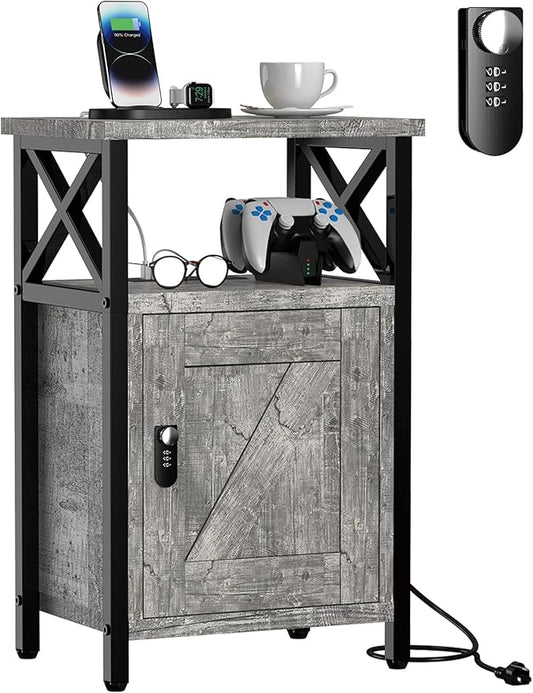 Wooden Nightstand with Lock, Bed Side Table with Drawers, Bedside Table with Charging Station, 3 USB & 2 Outlets, Night Stand with Cabinet Storage, End Tables for Bedroom, Ash Grey