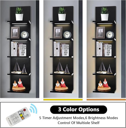 5 Tier Wall Shelf Unit, Black Shelves,Lack Shelf, Wall Shelves for Bedroom，Office,Bathroom, Vanity Shelves with LED Remote Control Light