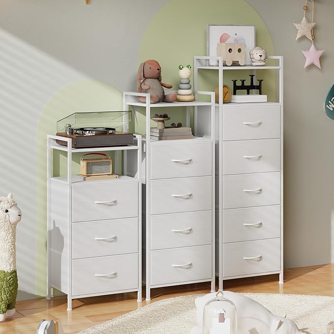 Somdot Tall Dresser for Bedroom,5 Drawers Nightstand Vertical Storage Tower Unit, Night Stand Furniture with Fabric Drawer Organizer in Bedside Hallway, Entryway, Nursery, Closet