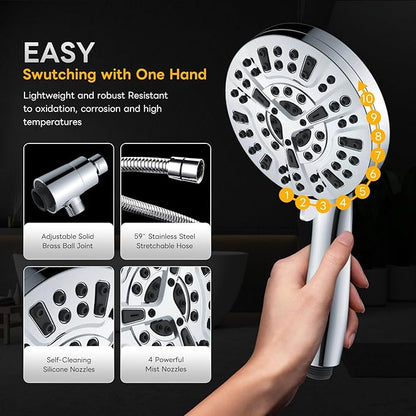 High Pressure 10 Ways Handheld Shower Head Chrome- Anti-clog Nozzles, Built-in Power Wash to Clean Tub, Wall & Overhead Brackets,Magnetitc Rainfall Shower Wand,Built-in 2 Power Jet