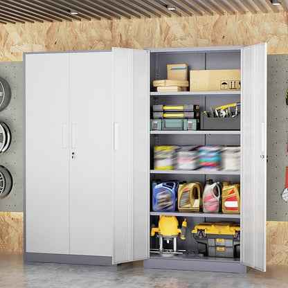 SUNCROWN 72" Metal Storage Cabinet - Heavy-Duty Metal Garage Cabinet with 4 Adjustable Shelves & 2 Doors for Tools, Office, Home, Workshop,Grey & White-Small