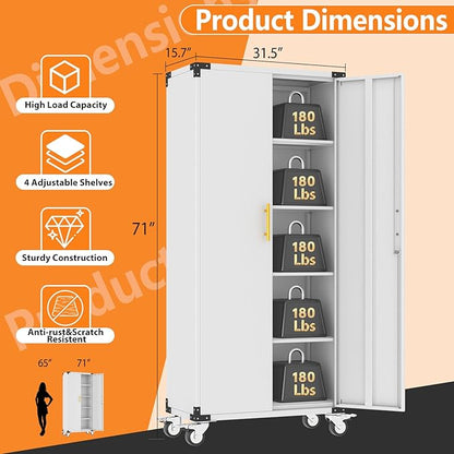 71" Storage Cabinet with 4 Adjustable Shelves, Locking Metal Tool Storage Cabinet with Wheels for Garage, Warehouse,Assembly Required, Grey