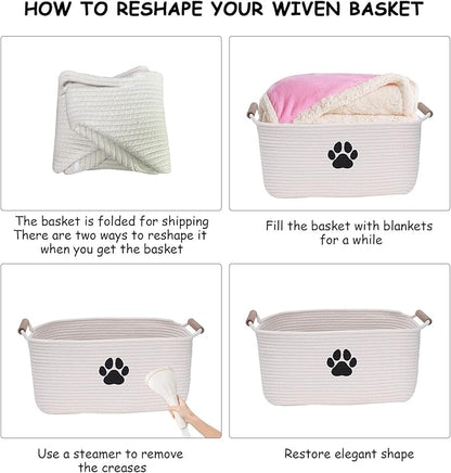 Geyecete dog toy basket Cotton Rope dog toy box with wood handle pet toy bin Blanket Storage Basket Decorative Clothes Hamper Basket Large Baskets