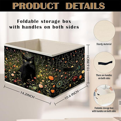 William Morris Inspired Dark Wildflower Black Cat Storage Bin Box with Handles,Cottagecore Floral Botanical Cat Foldable Organizer Basket Toybox for Room Bedroom Bathroom Clothes Toys Books