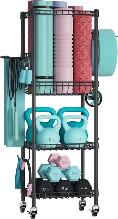 VOPEAK Home Gym Storage Rack with Wheels, Yoga Mat Storage Organizer for Kettlebells, Dumbbells, Resistance Bands, Space Saving 3-Tier Weight Rack for Home Gym, Garage, Easy to Install