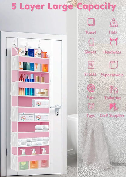 Pink Over the Door Organizer - 5-Tier Hanging Storage with Clear PVC Windows & 10 Mesh Pockets, Cute Closet Organizer for Makeup, Perfume, Toys, Perfect Pink Room Decor for Girl