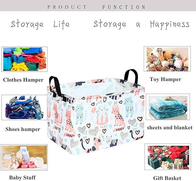 KUNRO Rectangle Cat Pattern Storage Basket Gift Shelf Basket Storage Bin, Nursery Basket Organizer Box for With Handles for Room Deco