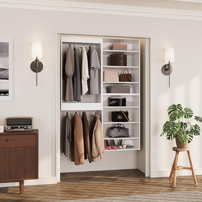 ROOMTEC Modular Closet System, 64" Wall-Mounted Closet Organizer with Hanging Rods and Shelves, Wooden Tower for Walk-In Closets, Wardrobe Storage Kit, White