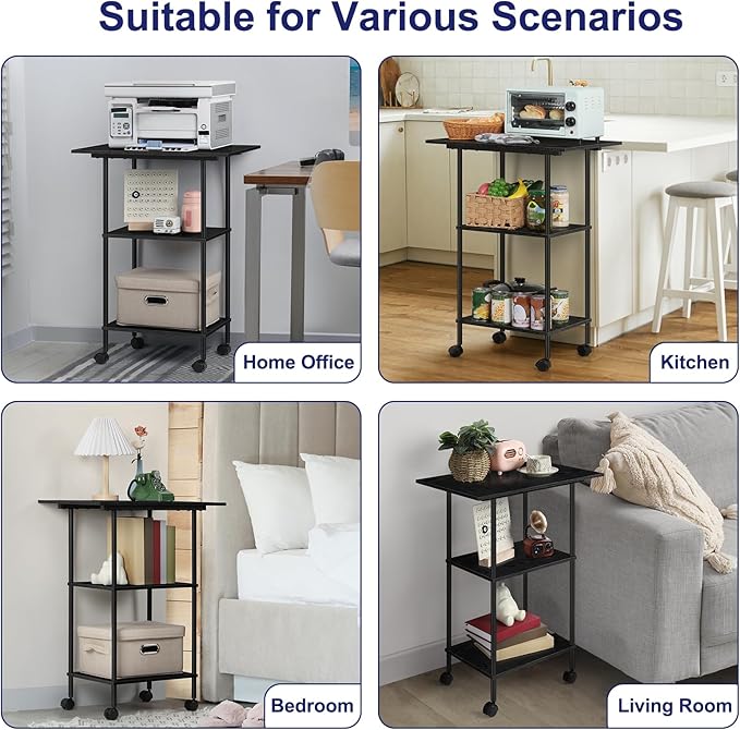 Shinoske Black Printer Stand with Storage,3 Tier Large Printer Table with Wheels for Home Office,Rolling Printer Cart with Storage Shelf,for Under Desk,Living Room,Kitchen
