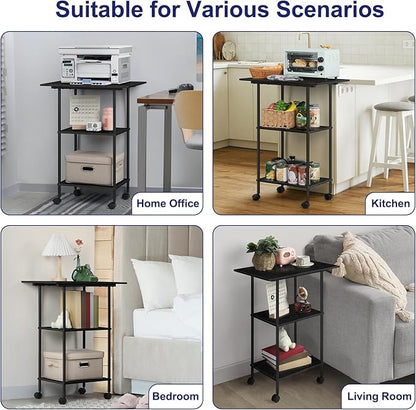 Shinoske Black Printer Stand with Storage,3 Tier Large Printer Table with Wheels for Home Office,Rolling Printer Cart with Storage Shelf,for Under Desk,Living Room,Kitchen
