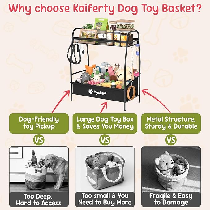 Large Dog Toy basket, Toy Box for Dogs, Pet Toys Bin Dog Metal Wire Basket for Toys, Food Storage, Storage Organizer Chest Storage, Toy Box for Living Room Area (Black)