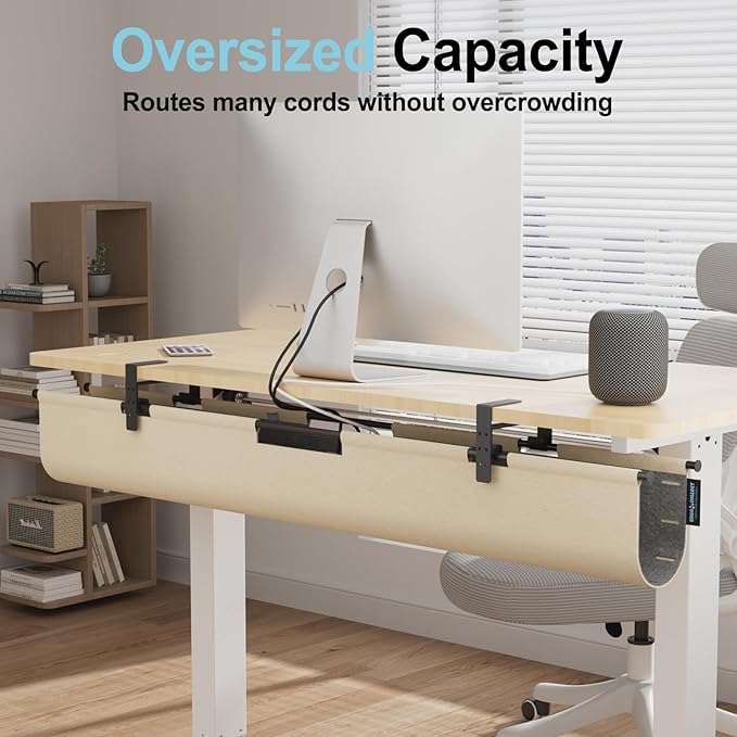 No Drill Under Desk Cable Management Tray, 45.2" Large Felt Cord Organizer with Pegboard-Style Design, Power Strip Holder, Privacy Panel for Standing Desk & Home Office, Clamp/Screw Mount (Khaki/Gray)