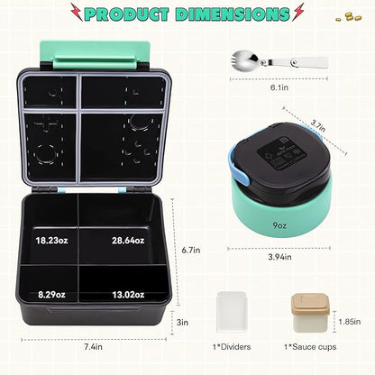 Game Bento Box for Kids, Lunch Box with Thermo(9oz Food Jar), Folding Spoon, Removable Divider & Sauce Cup, Lunch Box Kids for School,Travel, BPA-Free & Realistic Shape(Blue-Green)