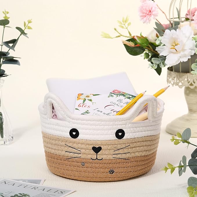 Zopeal Cat Basket Storage Woven Organizer with Ears Easter Decorative Gift Pet Toy Cute Cotton Rope Basket for Gift Cat Dog Toy Bin Nursery Room(8.3 x 4.7 Inch,White Khaki Brown)