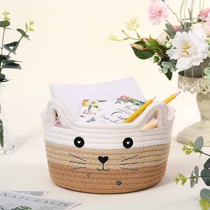Zopeal Cat Basket Storage Woven Organizer with Ears Easter Decorative Gift Pet Toy Cute Cotton Rope Basket for Gift Cat Dog Toy Bin Nursery Room(8.3 x 4.7 Inch,White Khaki Brown)