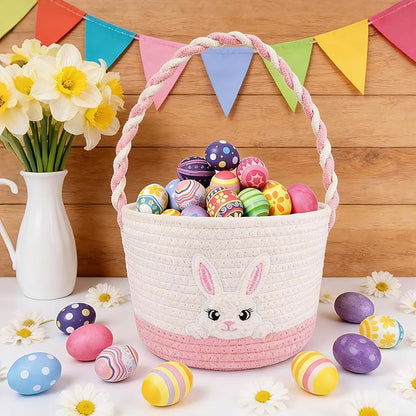 Easter Baskets for Girls, Pink Big Eyes Bunny Gift Basket Empty with Handle Woven Cotton Rope Egg Hunt Bag for Kids Babies Toddler Teens