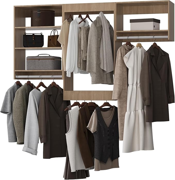 ROOMTEC Modular Closet System, 96" Closet Organizer with Hanging Rods, Wall-Mounted Wooden Tower for Walk-In Closets, Wardrobe Storage Kit, Wood