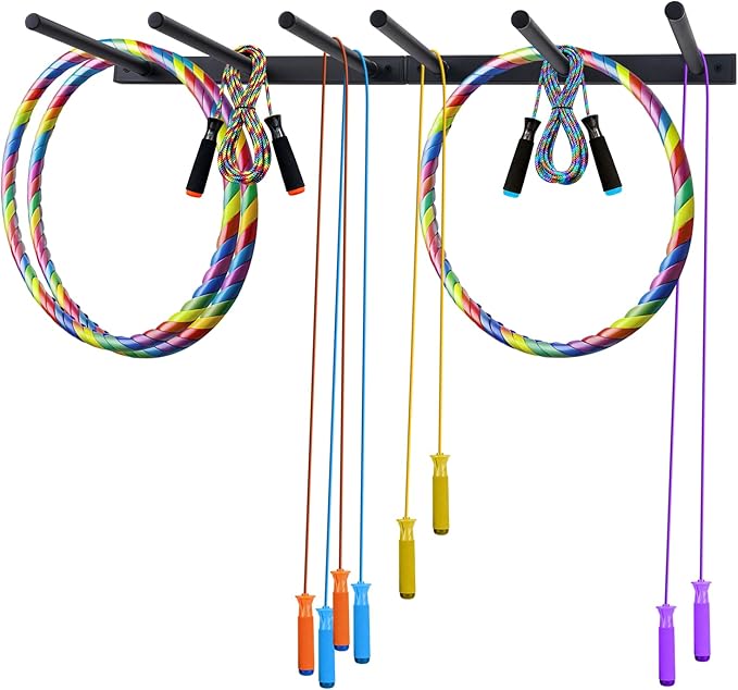 Wall Mounted Jump Rope Rack - 6 Peg Wall Mounted Gym Organizer Rack, Heavy-Duty Metal Purpose Hoop Rope Holder for Resistance Bands, Home/Gym Storage