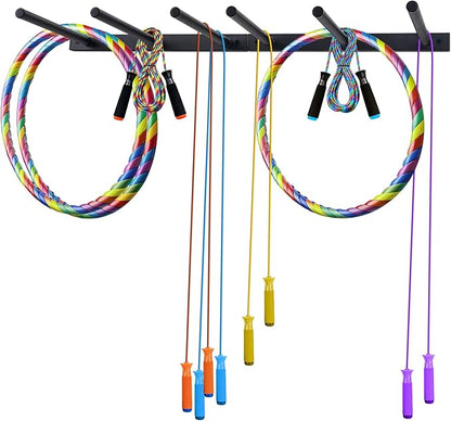 Wall Mounted Jump Rope Rack - 6 Peg Wall Mounted Gym Organizer Rack, Heavy-Duty Metal Purpose Hoop Rope Holder for Resistance Bands, Home/Gym Storage