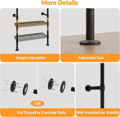 W3 Industrial Pipe Clothing Rack, Wall Mounted Clothes Rack Closet Wardrobe System with Expandable Hanger Rods Adjustable Storage Shelves, Heavy Duty Corner Walk-in Closet System, Black